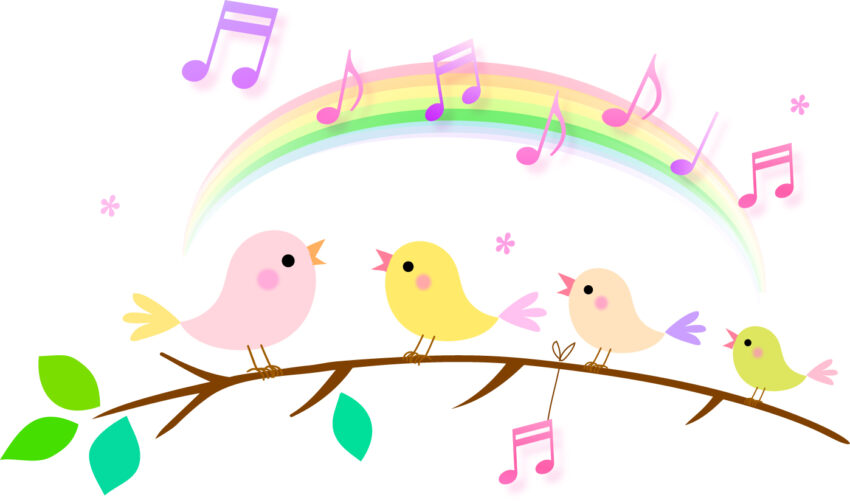音楽を楽しみながら集まり交流する鳥のイラスト